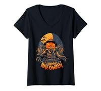 Womens Scary Pumpkin Scarecrow Spooky Horror Halloween Graphic V-Neck T-Shirt