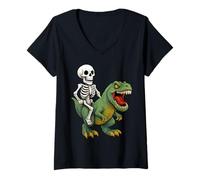 Womens Scary Skeleton Riding T Rex Dinosaur Spooky Halloween V-Neck T-Shirt