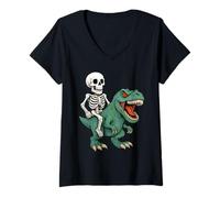 Womens Scary Skeleton Riding T Rex Dinosaur Spooky Halloween V-Neck T-Shirt