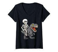 Womens Scary Skeleton Riding T Rex Dinosaur Spooky Halloween V-Neck T-Shirt
