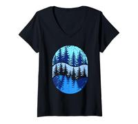 Womens Scenic Forest Silhouette Layered Pine Trees Nature Art V-Neck T-Shirt