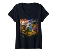 Women's Scenic Mountain Waterfall & Ocean Paradise Nature Landscape V-Neck T-Shirt