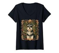 Women's Schnauzer Vintage Botanical Cottagecore V-Neck T-Shirt