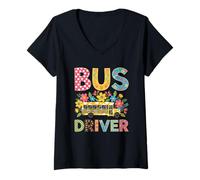 Womens School Bus Driver Boho Floral Leopard Back to School V-Neck T-Shirt