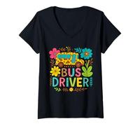 Womens School Bus Driver Boho Floral Leopard Back to School Womens V-Neck T-Shirt