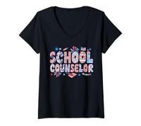 Womens School Counselor 4th Of July US Flag Fireworks Patriotic Job V-Neck T-Shirt