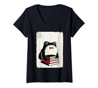 Women's School Grumpy Frog Funny Kawaii Japanese V-Neck T-Shirt