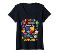 Women's School Psychologist Fueled By Caffeine and Deadlines V-Neck T-Shirt