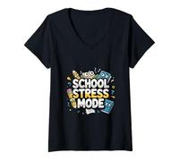 Women's School Stress Mode Funny Student Teacher Humor Design V-Neck T-Shirt