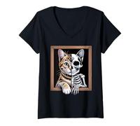 Womens Schrödingers Cat Dead Alive Frame Skeleton Art V-Neck T-Shirt