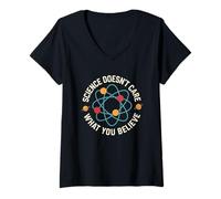 Womens Science Doesn’t Care What You Believe Funny Physics Atom V-Neck T-Shirt