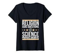 Womens Science, Religion Asks Questions, Science Provides Answers V-Neck T-Shirt