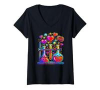 Women's Science Teacher Valentine Artwork with Hearts and Lab Vibes V-Neck T-Shirt