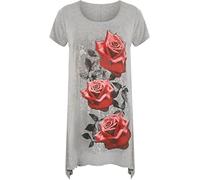 Womens Scoop Neck Red Rose Glitter Print Hanky Hem Top Ladies Plus Size Short Sleeve Party Wear Long Shirt