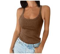 Womens Scoop Neck Ribbed Knit Tank Top Sleeveless Cotton Camisole Shirts Workout Tee Low Neck Basic Tank Top, Full Length Fitted (A-4-Coffee, XL)