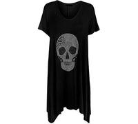 Womens Scoop Neck Studded Skull Hanky Hem Top Ladies Short Sleeve Novelty Party Plus Size Shirt Black