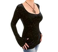 Women's Scoop Neck Velvet Velour Burn Out Long Bell Sleeve Top - Black Size 14