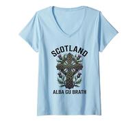 Women's Scotland Alba Gu Brath Celtic Cross Thistle Gaelic V-Neck T-Shirt