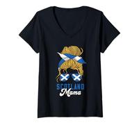 Womens Scotland Mama Messy Bun Country Pride Roots Scottish Proud V-Neck T-Shirt