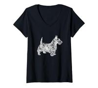 Women's Scottie Dog Lover Line Art Illustration Scottish Terrier V-Neck T-Shirt