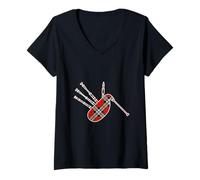 Womens Scottish Bagpipe Plaid Heritage Design V-Neck T-Shirt