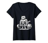 Women's Scottish Fold Cat Lifting Weights V-Neck T-Shirt