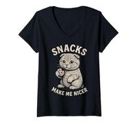 Womens Scottish Fold Snacks Make Me Nicer Cute Cat Humor V-Neck T-Shirt