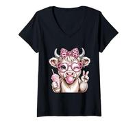 Women's Scottish Highland Cow Eating Gum Bubblegum V-Neck T-Shirt