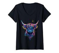 Women's Scottish Highland Cow Messy Bun Scottish Highlander Cow V-Neck T-Shirt