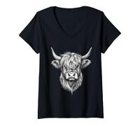 Women's Scottish Highland Cow Messy Bun Scottish Highlander Cow V-Neck T-Shirt