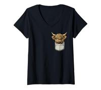 Womens Scottish Highland Cow Messy Bun Scottish Highlander Cow V-Neck T-Shirt