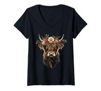 Womens Scottish Highland Cow Messy Bun Scottish Highlander Cow V-Neck T-Shirt