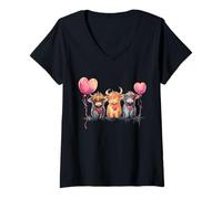 Women's Scottish Highland Cow Messy Bun Scottish Highlander Cow V-Neck T-Shirt