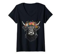 Womens Scottish Highland Cow Messy Bun Scottish Highlander Cow V-Neck T-Shirt