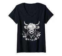 Womens Scottish Highland Cow Messy Bun Scottish Highlander Cow V-Neck T-Shirt