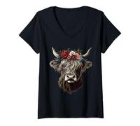 Womens Scottish Highland Cow Messy Bun Scottish Highlander Cow V-Neck T-Shirt