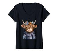 Women's Scottish Highland Cow Wildflowers Pajama V-Neck T-Shirt