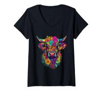 Women's Scottish Highlander Cow Messy Bun Scottish Highland Cow V-Neck T-Shirt