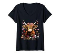 Womens Scottish Highlander Cow Messy Bun Scottish Highland Cow V-Neck T-Shirt