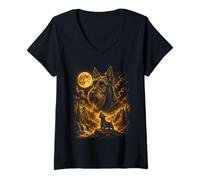 Women's Scottish Terrier Howling to The Moon Wilderness V-Neck T-Shirt