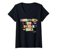 Women's Scrapbook Style Romanticizing My Delulu Life Trendy Slogan V-Neck T-Shirt