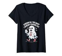 Womens Scream All You Want I Already Clocked Out Halloween V-Neck T-Shirt