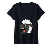 Womens Screaming Black Cartoon Sheep V-Neck T-Shirt