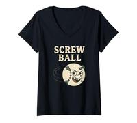 Womens Screwball - Angry Baseball Cartoon with Screws and Wordplay V-Neck T-Shirt