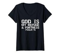 Womens Scripture Tee for Men Psalm 91 God is My Refuge and Fortress V-Neck T-Shirt