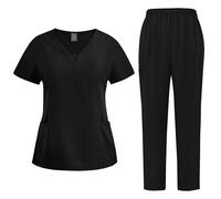 Womens Scrub Sets V-Neck Tunic Top Trousers Beauty Salon Uniform Healthcare Workwear Vet Nurses Dentist Outfit 4-Way Stretch Moisture Wicking Quick Dry Breathable Scrubs with Pockets (Black,S)