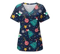 Womens Scrub Top Classic Fit Cute Print Uniform Doctors Hospital Care Work Shirt Spa Nail Salons Scrub Tops for Women Santa Claus Mock Wrap Beauty Tunic Snowman Cat Grooming Healthcare Tunics