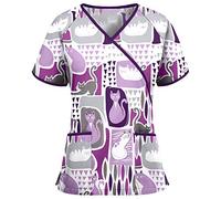 Womens Scrub Top Healthcare Tunic Workwear Dog Grooming Classic Fit Beauty Tunic Spa Nail Salons Uniforms Women UK Dog Grooming Cat Grooming Costumes Wrap Mock Graphic with Pockets Purple
