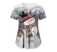 Womens Scrub Top Santa Claus Christmas Doctors Hospital Santa Print Beauty Salon for Career Day Scrub Tops for Women UK V-Neck Care Work Shirt Mock Wrap V Neck Uniform Spa Nail Salons
