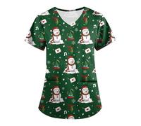 Womens Scrub Tops Short Sleeved Christmas Blouses Business Stretchy Casual Cozy with Pocket Tops Cotton V Neck Graphic Scrub Green L